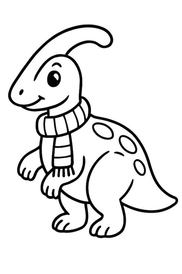 Parasaurolophus dinosaur with a friendly smile and a striped scarf