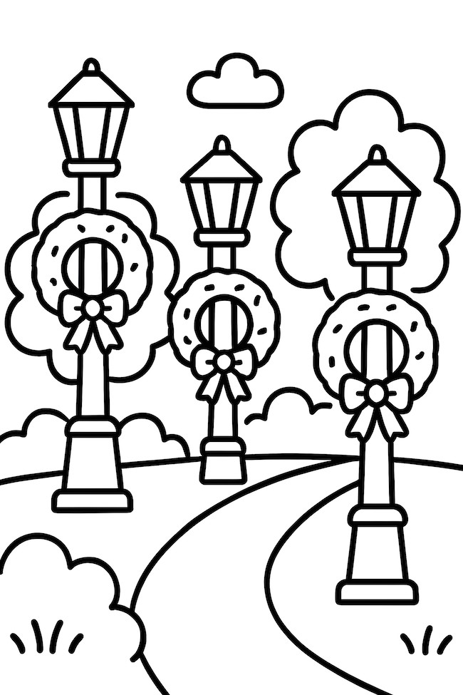 Coloring page of several lamp posts in a park, each decorated with circular wreaths and bows, surrounded by trees and a winding pathway