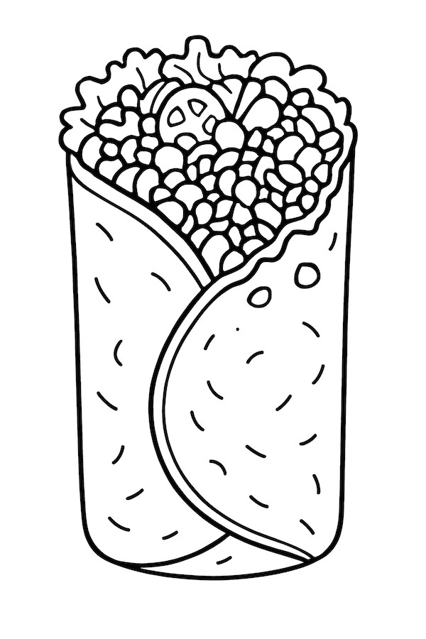 Coloring page of a partially eaten burrito displaying its ingredients such as beans, rice, and vegetables