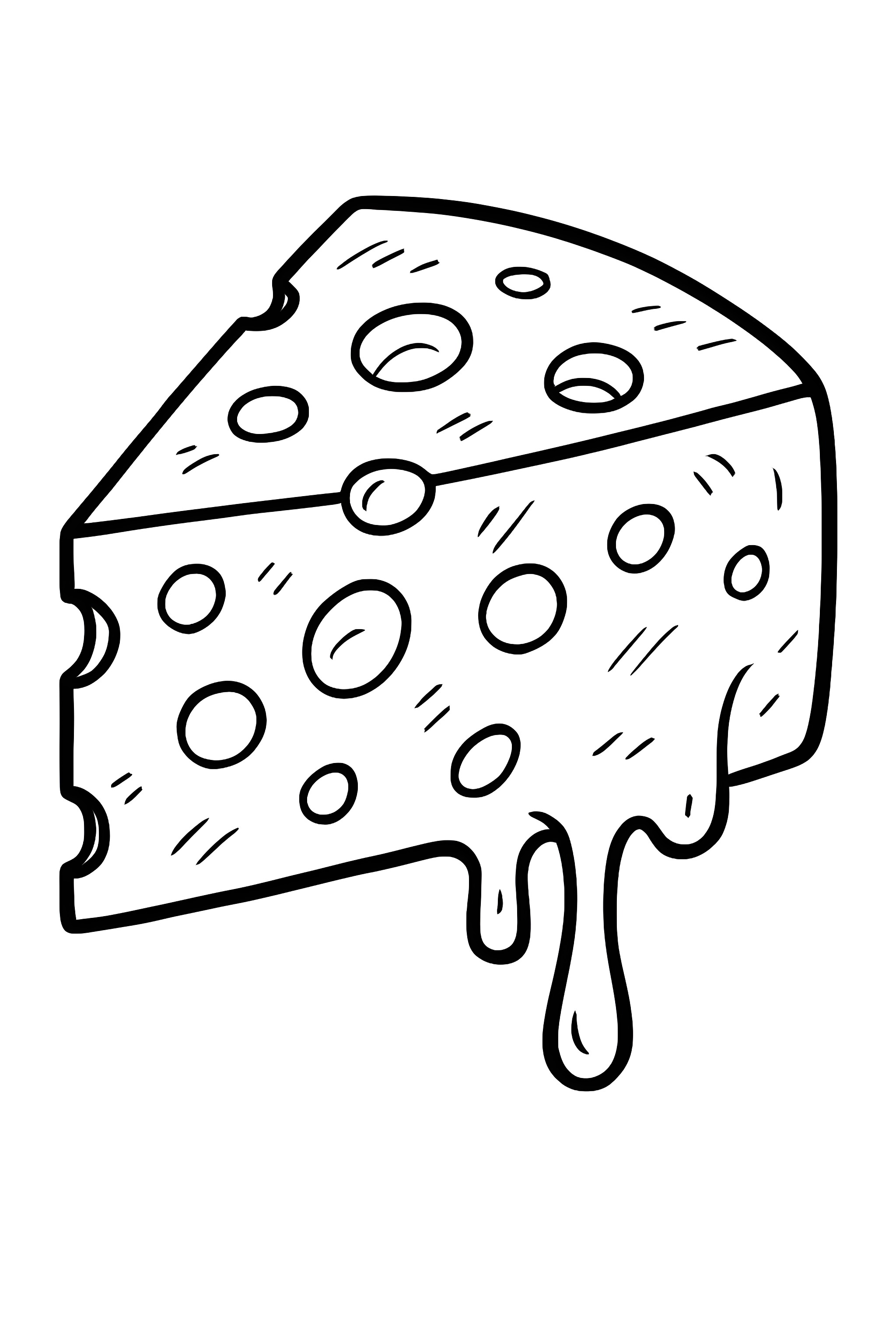 Coloring page of a slice of havarti cheese with holes, showing melted areas dripping down the sides