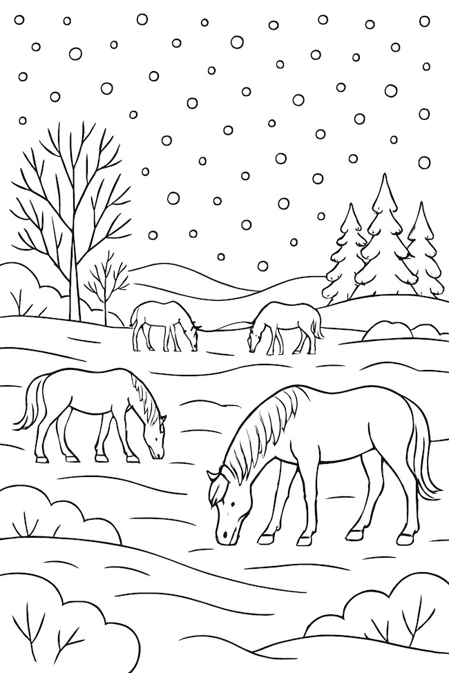 Coloring page of horses grazing in a snowy meadow under a sky filled with snowflakes