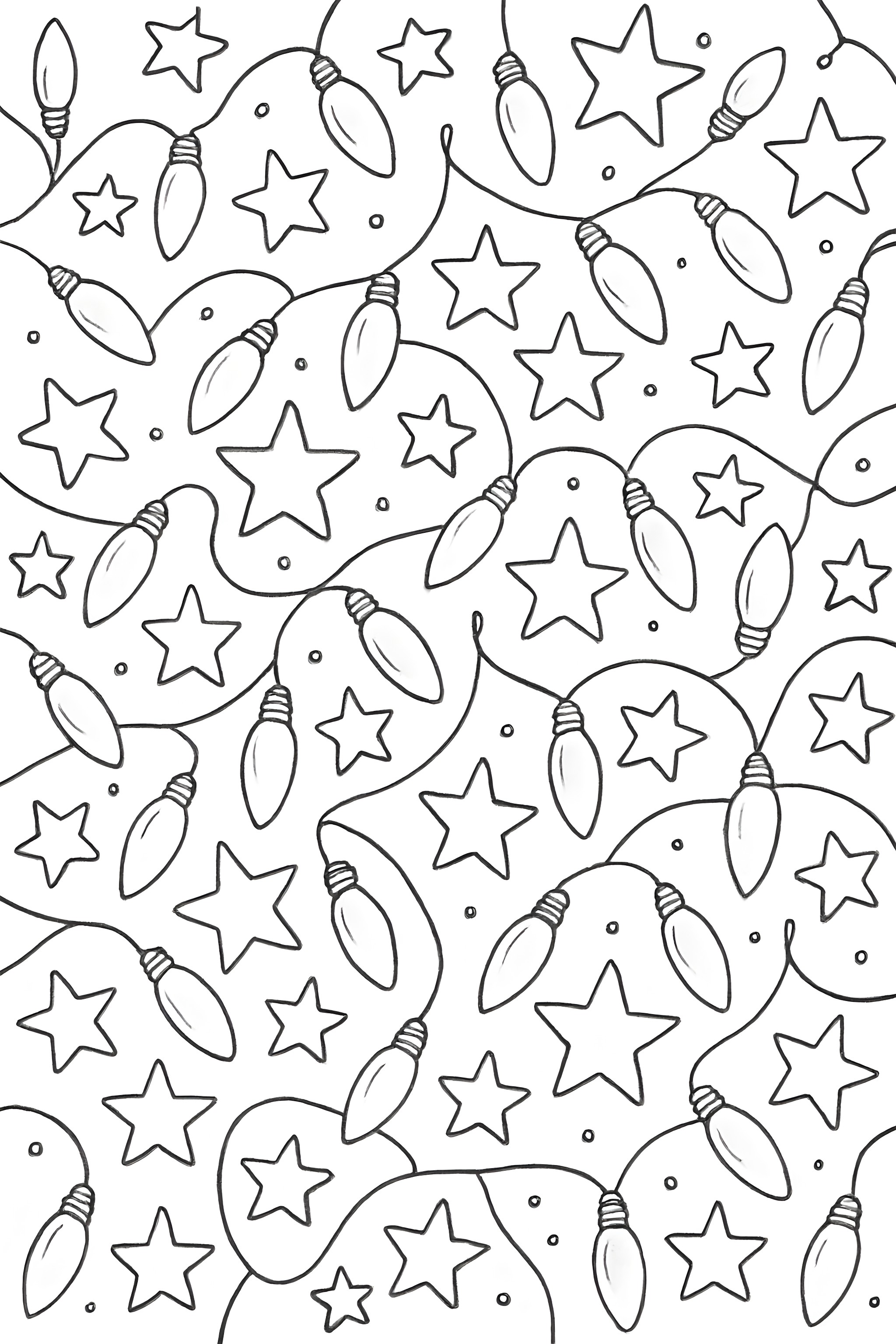 Coloring page of a repetitive pattern featuring Christmas lights and stars intertwined with decorative lines