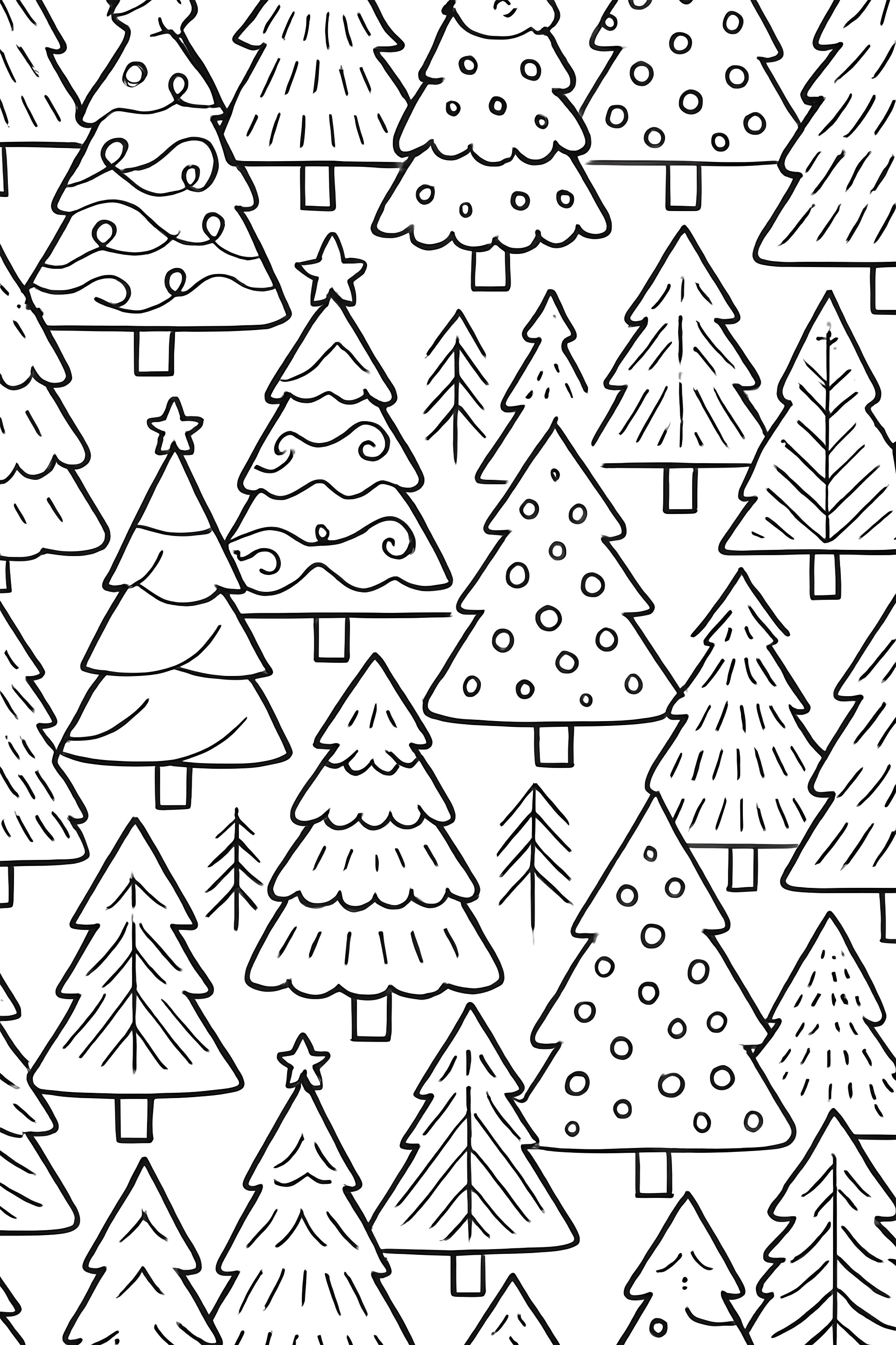 Coloring page featuring various Christmas trees in different styles and sizes, including decorated and simple designs