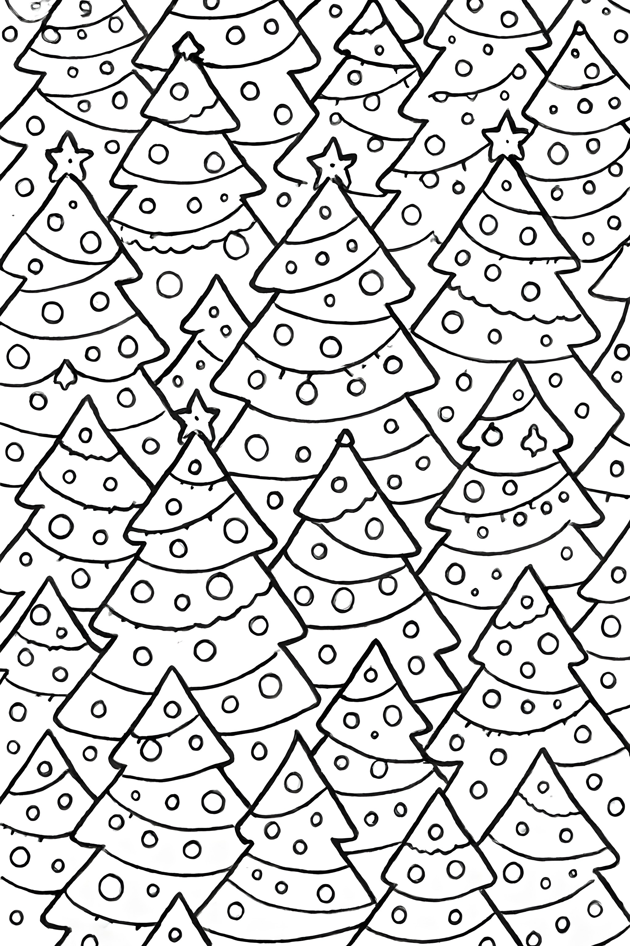 Coloring page featuring multiple stylized Christmas trees adorned with ornaments and stars in a repeating pattern