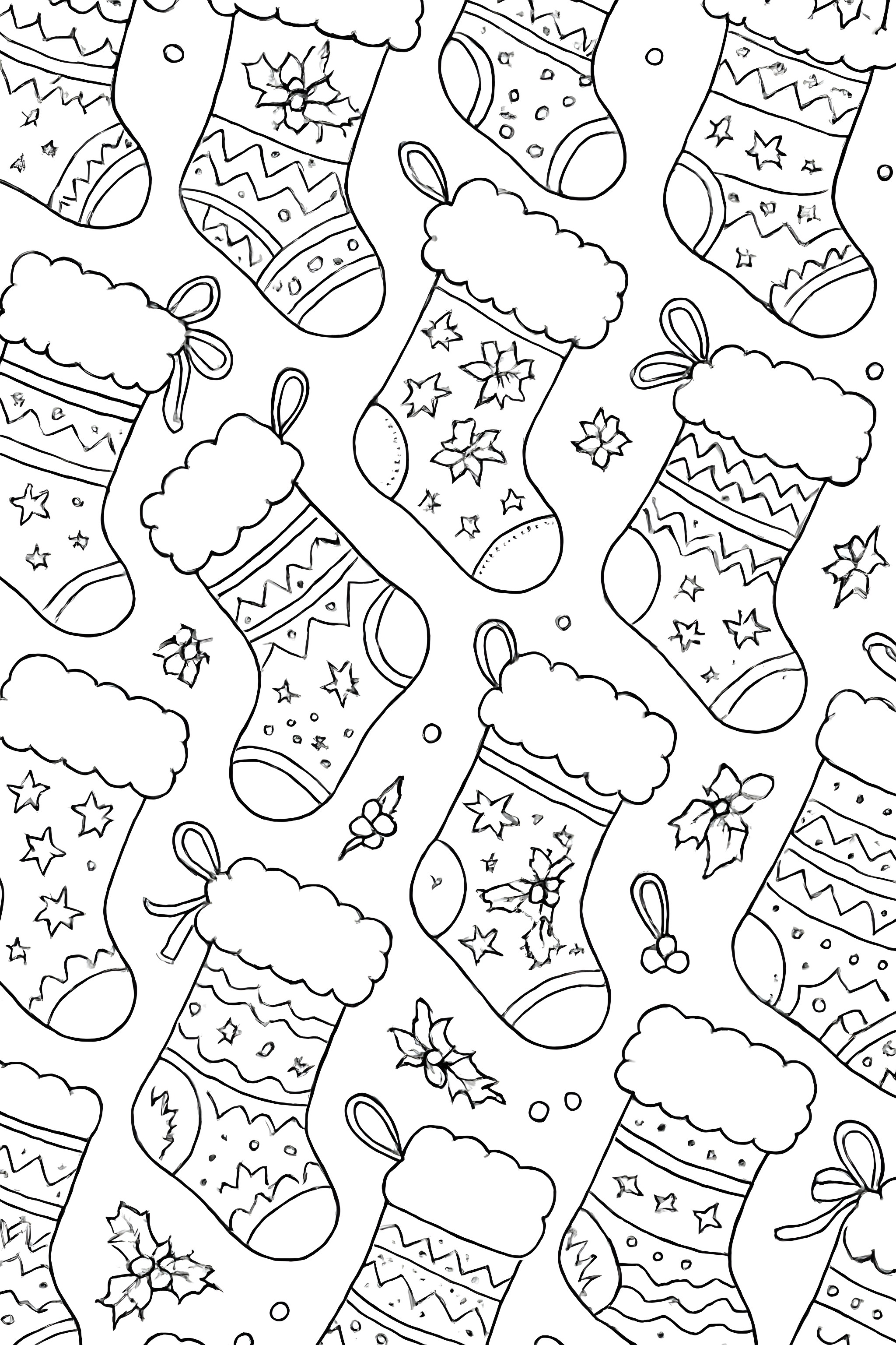 A repeating pattern of beautifully wrapped Christmas stockings adorned with various designs and decorations, such as holly and stars.