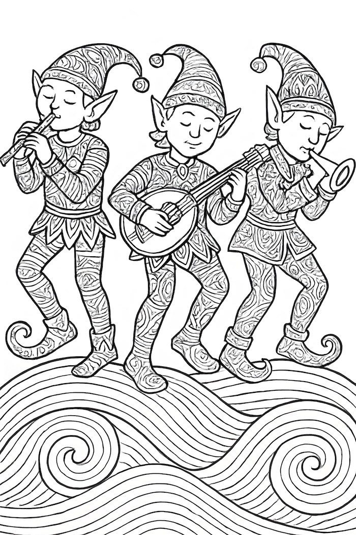 Coloring page of three elves in patterned outfits playing musical instruments along a wave