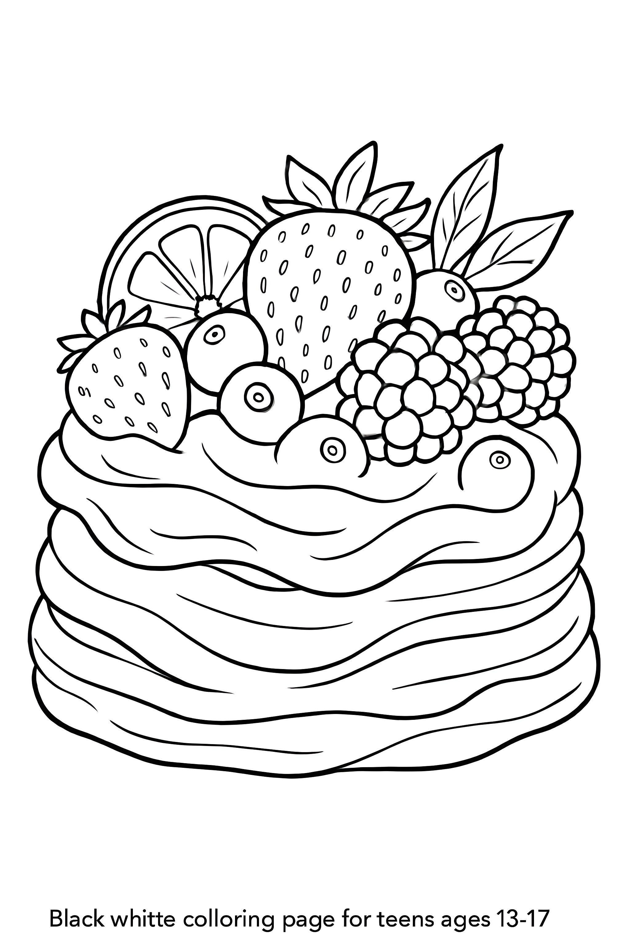 Coloring page of a pavlova dessert topped with strawberries, blueberries, raspberries, and lemon slices on whipped cream