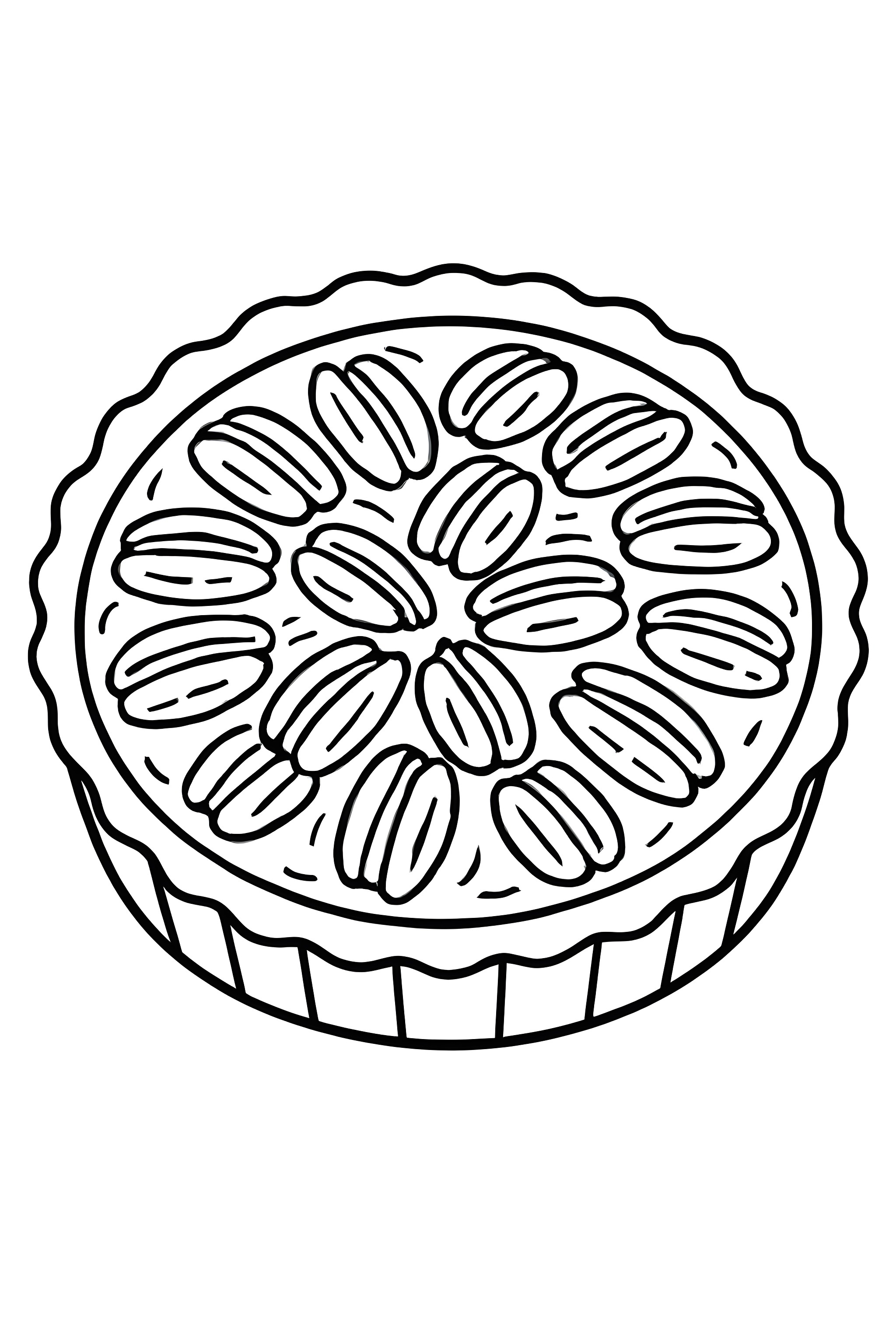 Coloring page featuring a pecan pie topped with glossy pecans arranged neatly on a crust