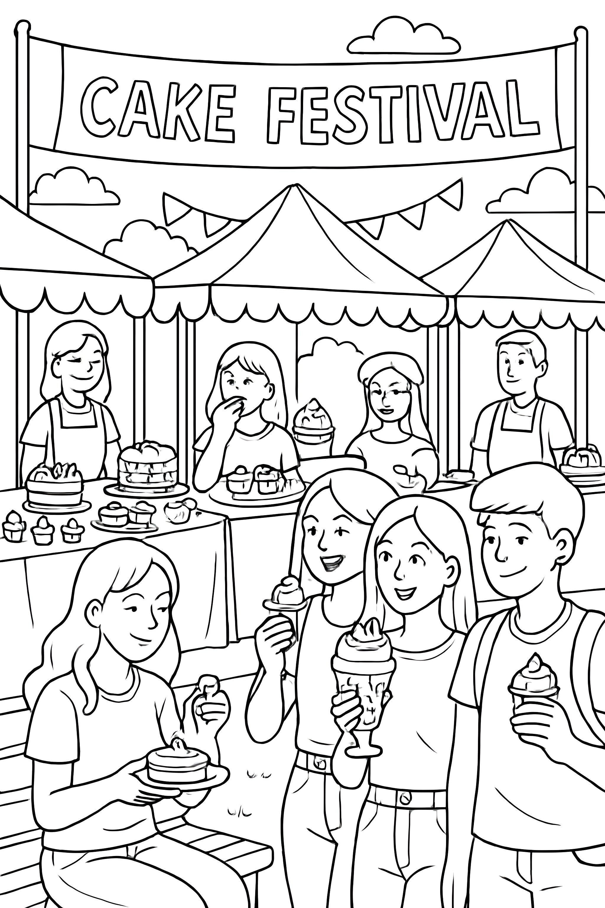 Coloring page depicting a cake festival with stalls, featuring people enjoying cakes and ice cream cones