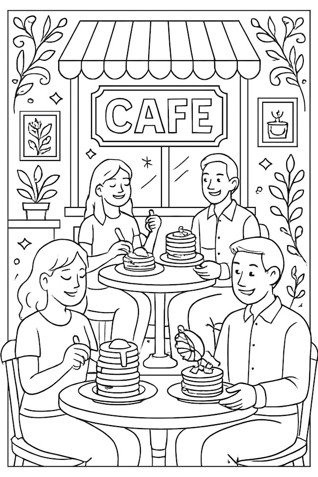 Coloring page of a busy cafe scene with people enjoying tall stacks of pancakes at tables