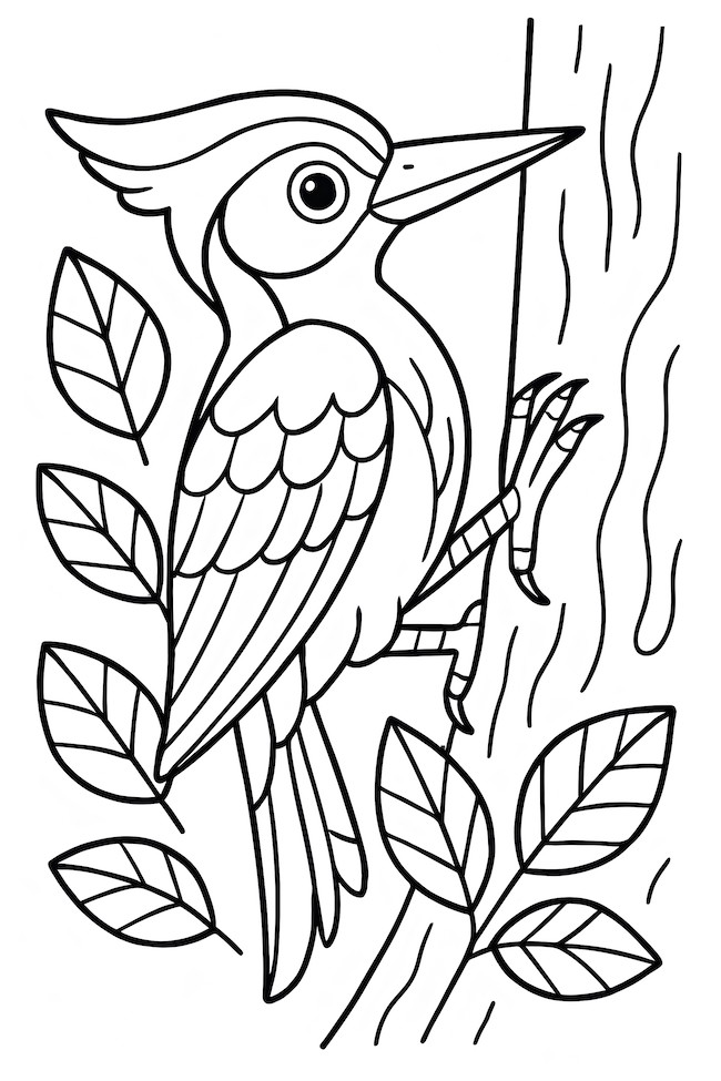 Woodpecker perched on a tree trunk with leaves and detailed feathers