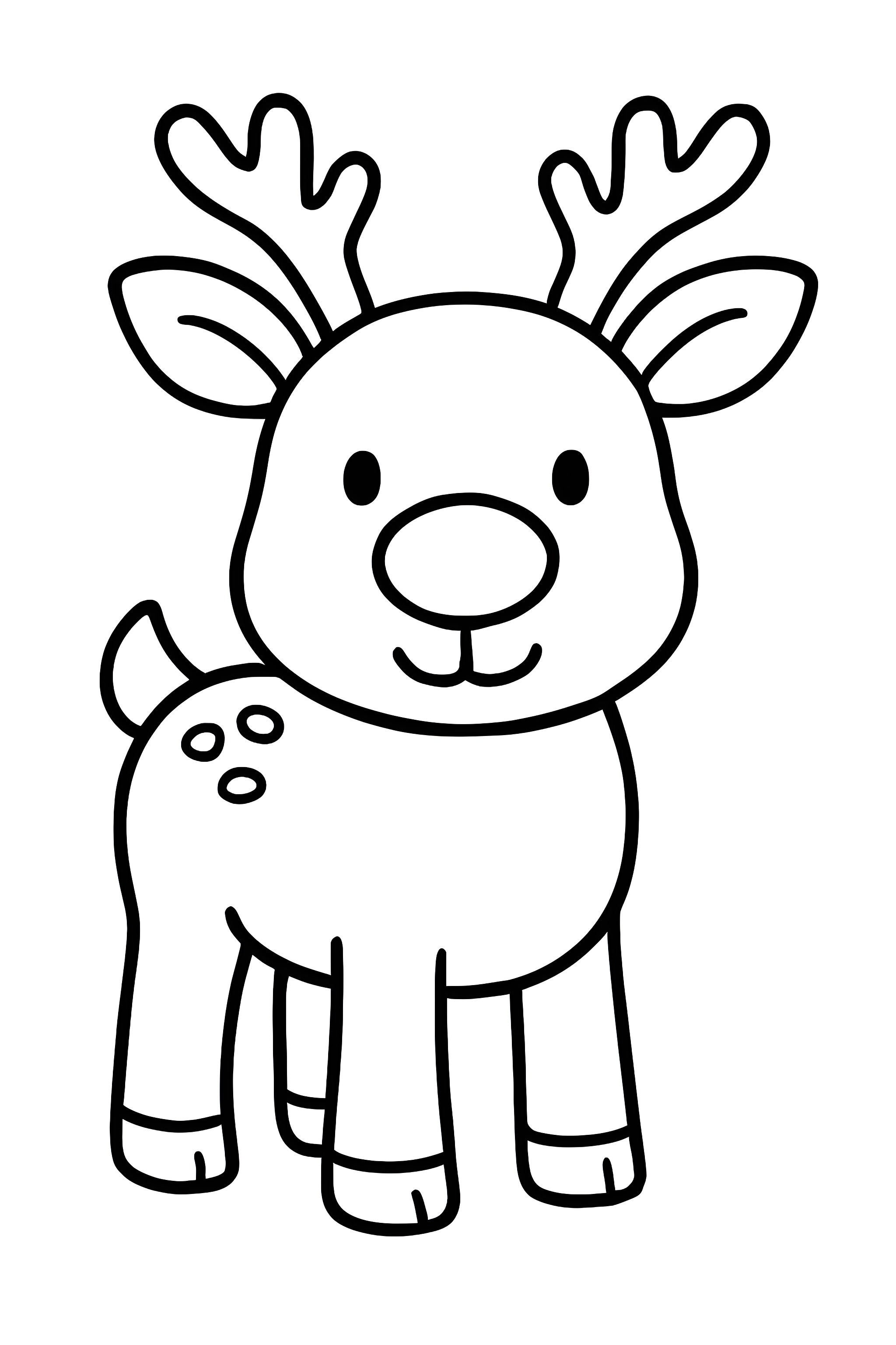 Coloring page of a cartoon reindeer with perked ears, a round face, and small antlers, featuring a short tail and three spots on its flank.