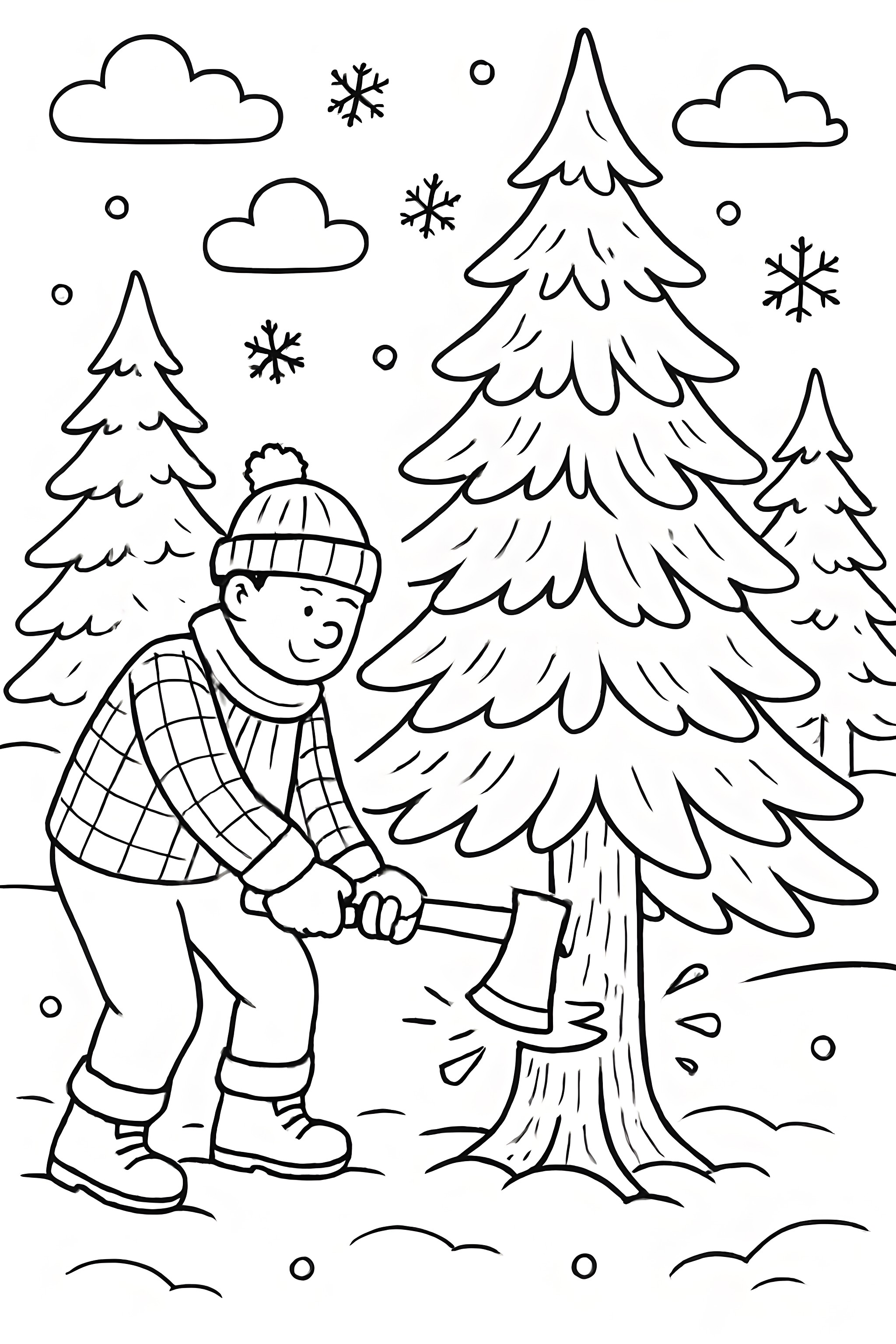 A person in a plaid shirt and hat cutting down a Christmas tree with an axe, surrounded by other trees and snowflakes