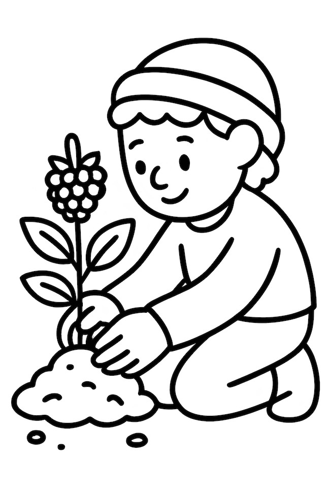 Coloring page of a person kneeling, planting a small blackberry plant with leaves and berries emerging from the soil