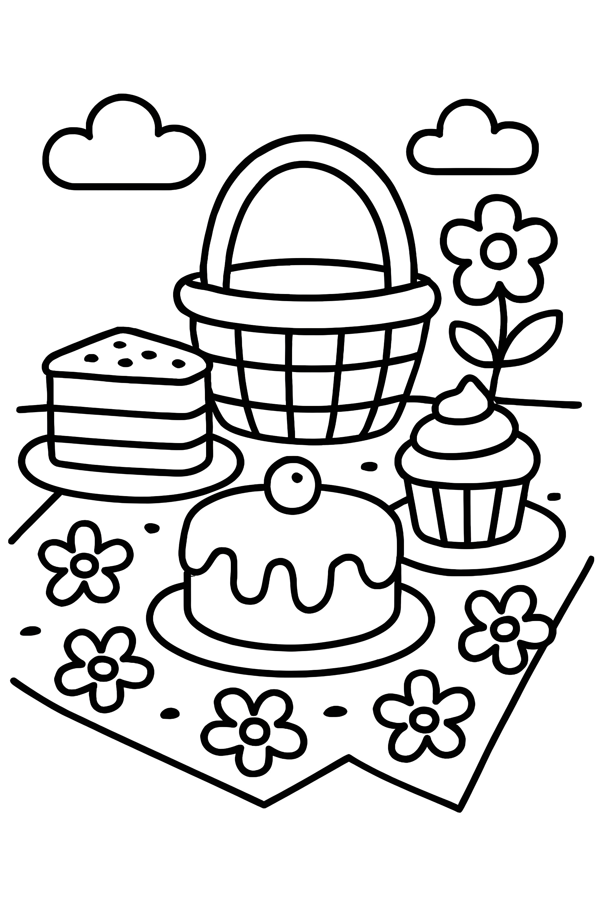 Coloring page of a picnic scene featuring a basket, various cakes, a cupcake, and flowers on a patterned tablecloth