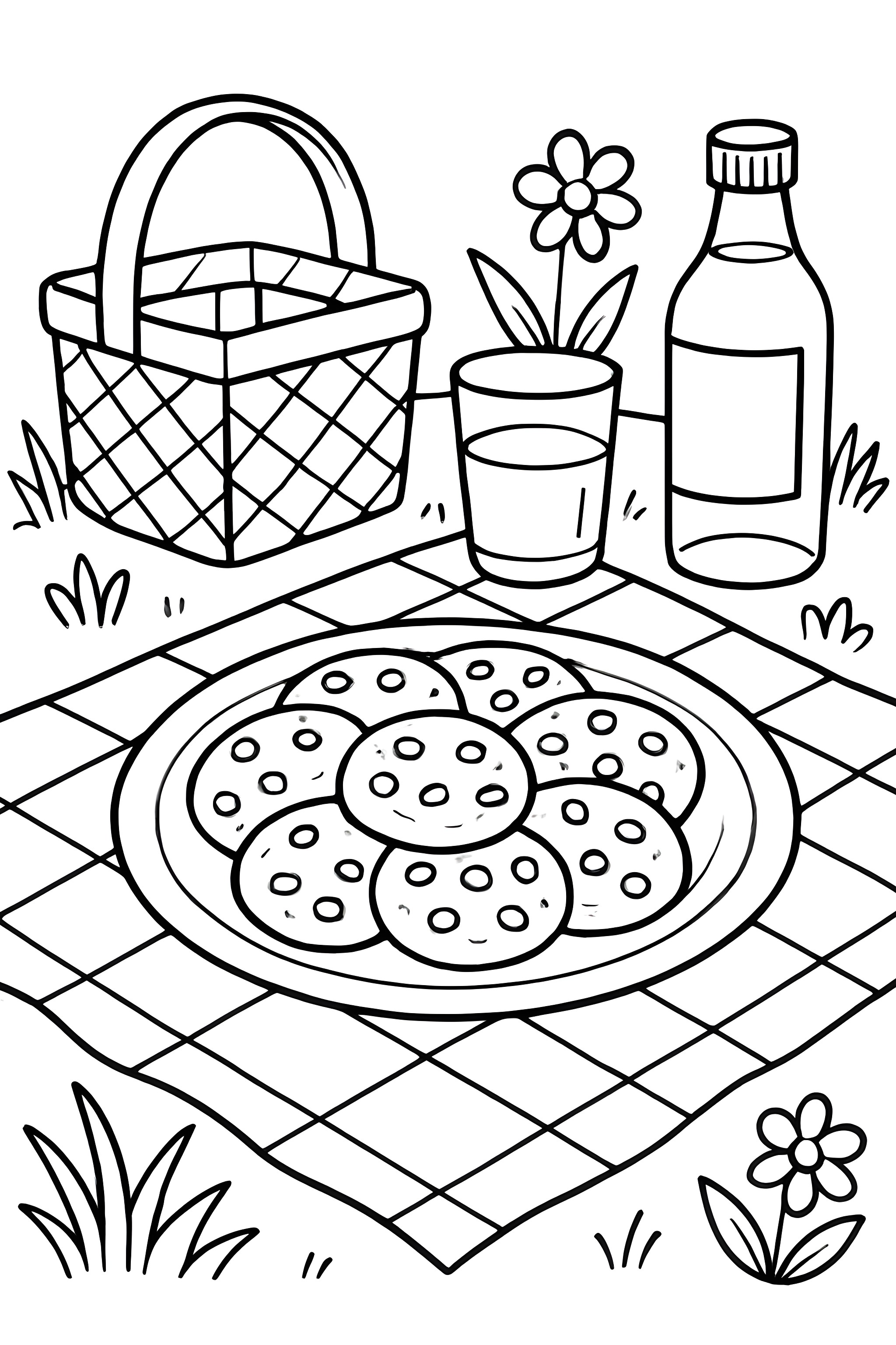 Coloring page of a picnic setup featuring a plate of cookies, a glass of milk, a picnic basket, and flowers on a blanket