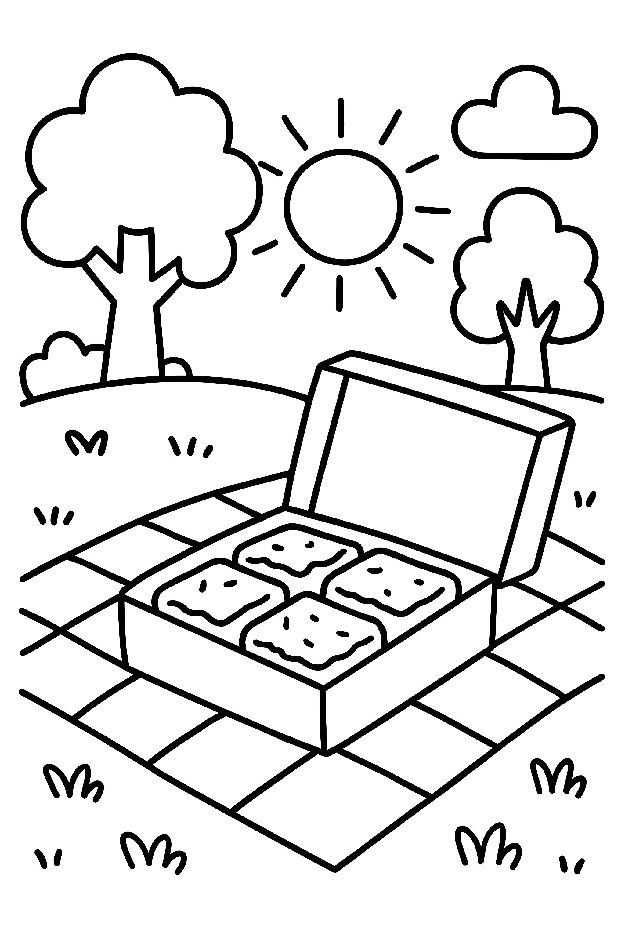 Coloring page depicting a picnic scene featuring an open box of brownies on a picnic blanket under a bright sun and trees.