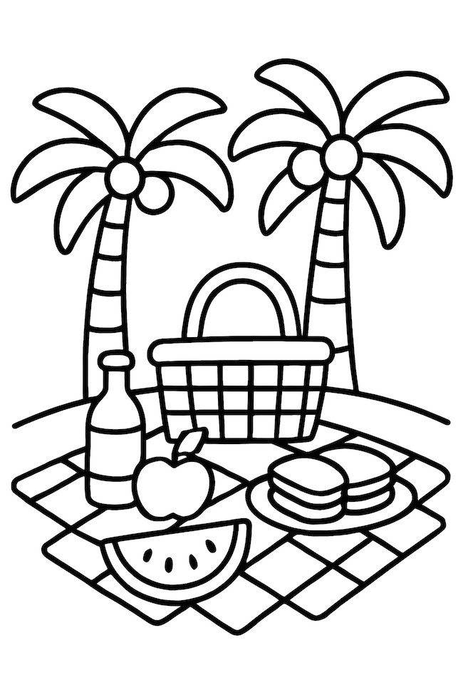 Coloring page of a picnic setup with a basket, fruit, and snacks under coconut palm trees