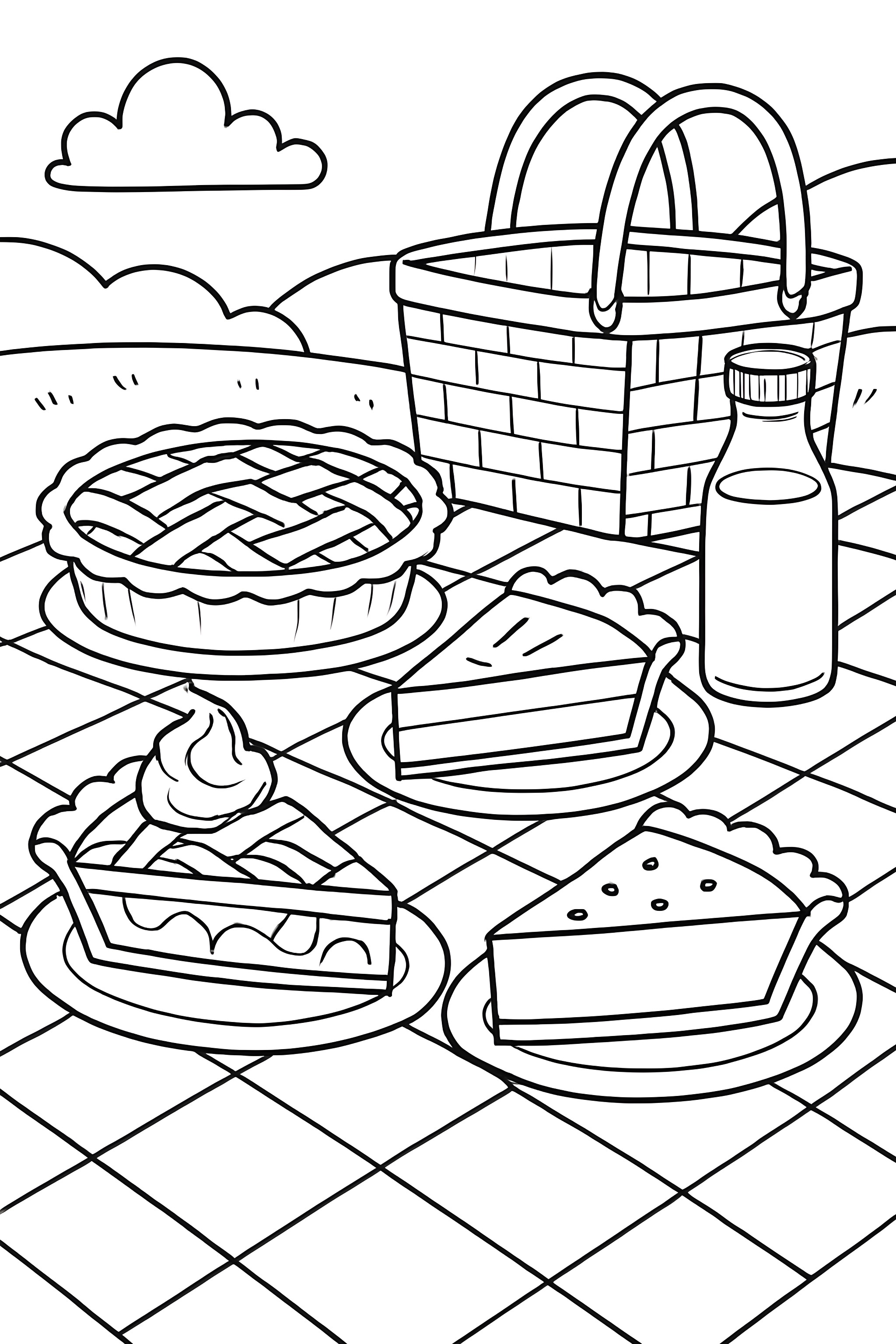 A picnic setup with a basket, various pie slices on plates, and a bottle of milk in a scenic outdoor setting
