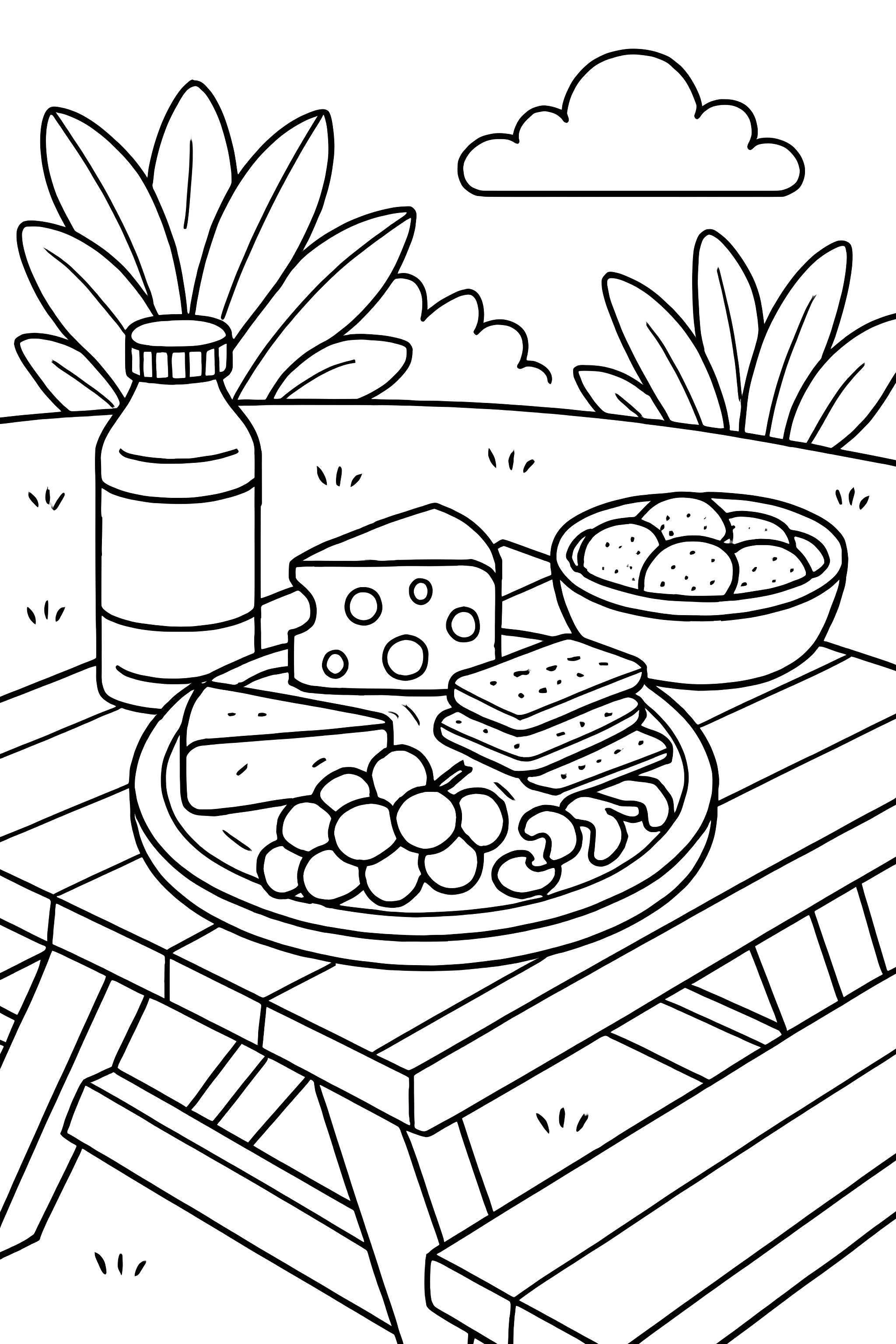 Coloring page of a picnic table set with a cheese platter, grapes, crackers, snacks, and a bottle of drink under a cloudy sky