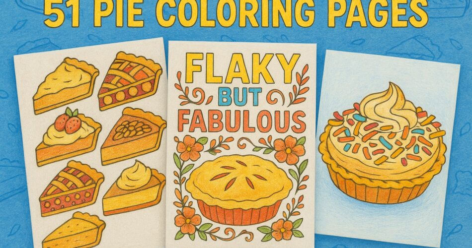 Three colored pie-themed coloring pages arranged against a blue background with pie slice motifs. The left page shows assorted pie slices, the center page says “Flaky But Fabulous” surrounded by flowers and a pie illustration, and the right page displays a whipped cream-topped pie with colorful sprinkles. The title at the top reads “51 Pie Coloring Pages” in bold yellow text.