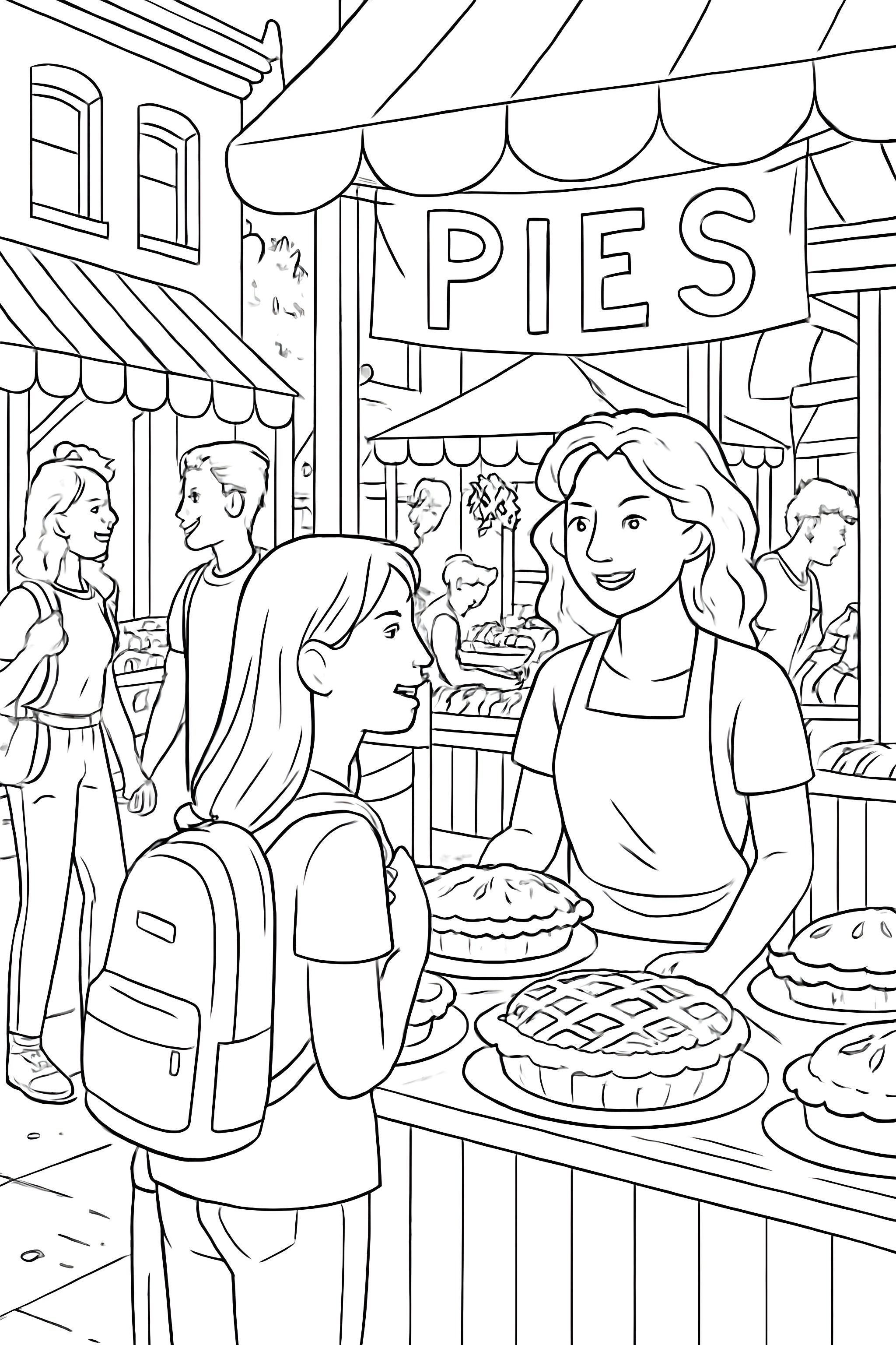 Coloring page of a pie stall at a bustling market with a vendor and a customer, surrounded by people browsing