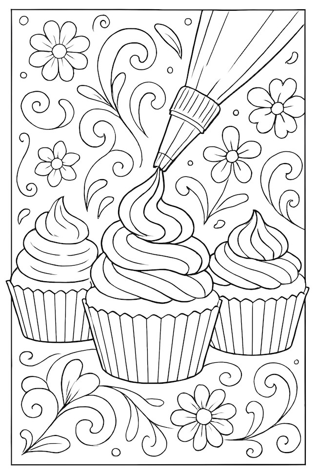 Coloring page of three cupcakes with swirled frosting being decorated with a piping bag and surrounded by floral designs