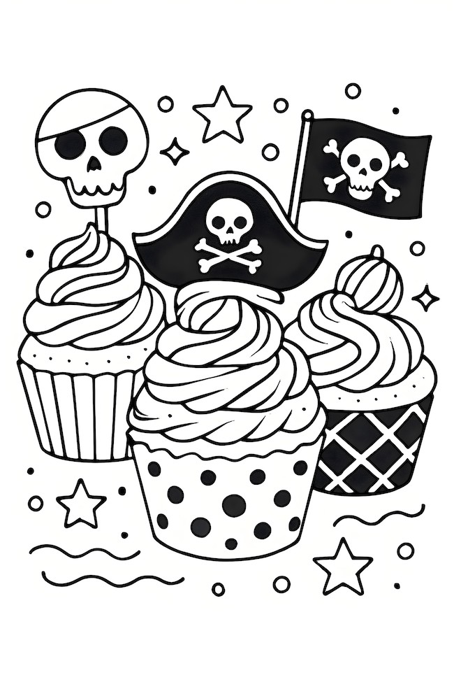 Coloring page of pirate-themed cupcakes featuring a skull, pirate flag, and decorative elements
