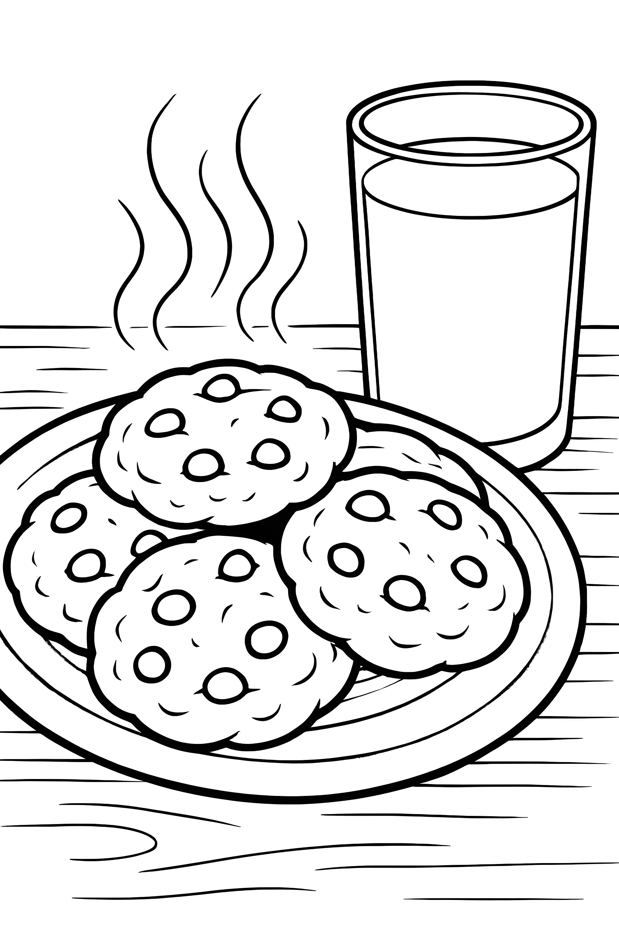 Coloring page featuring a plate of warm cookies with chocolate chips and a glass of milk beside them on a wooden table