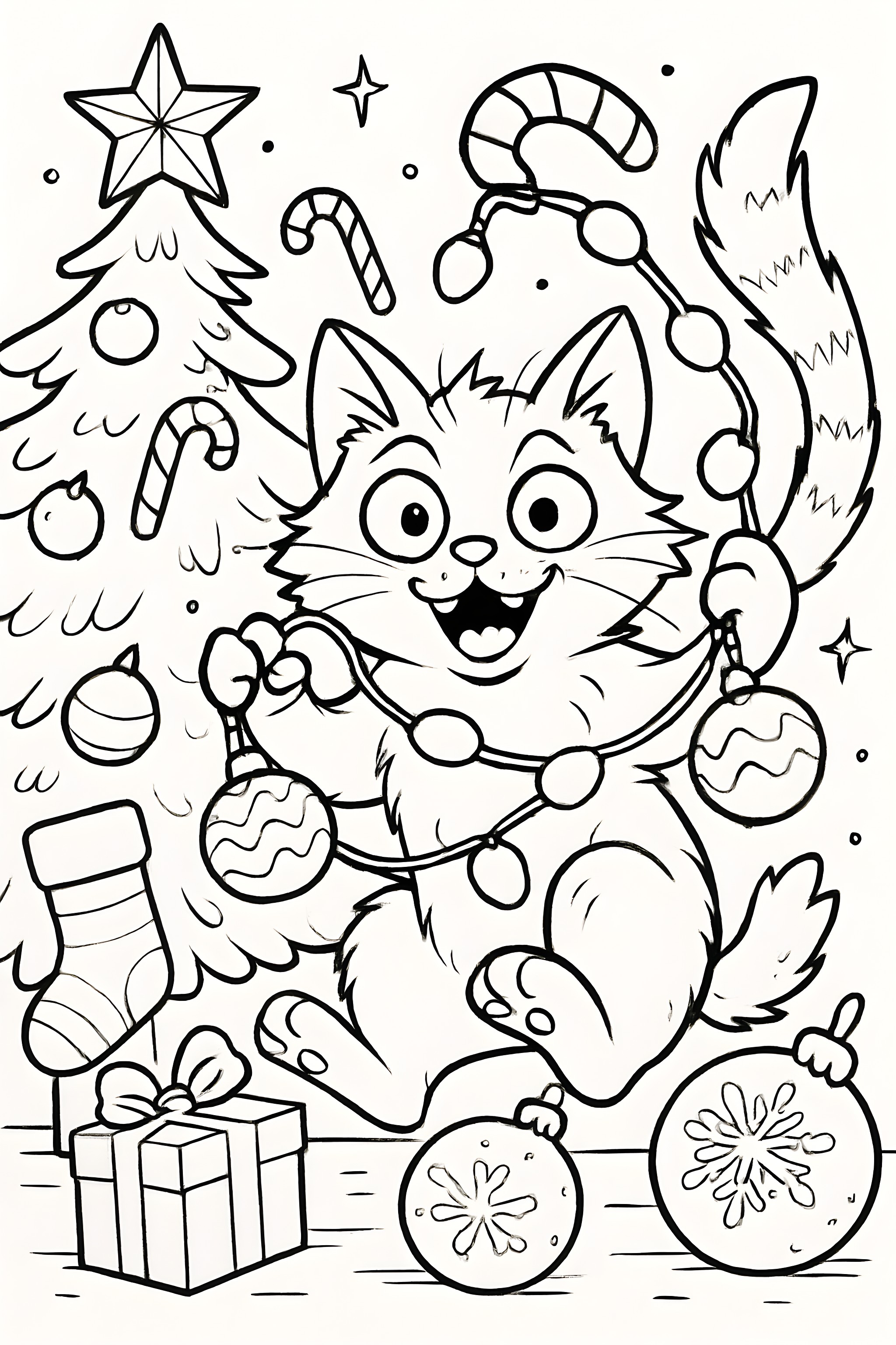 Coloring page featuring a cheerful cat playing with Christmas ornaments and a decorated tree with candy canes and gifts