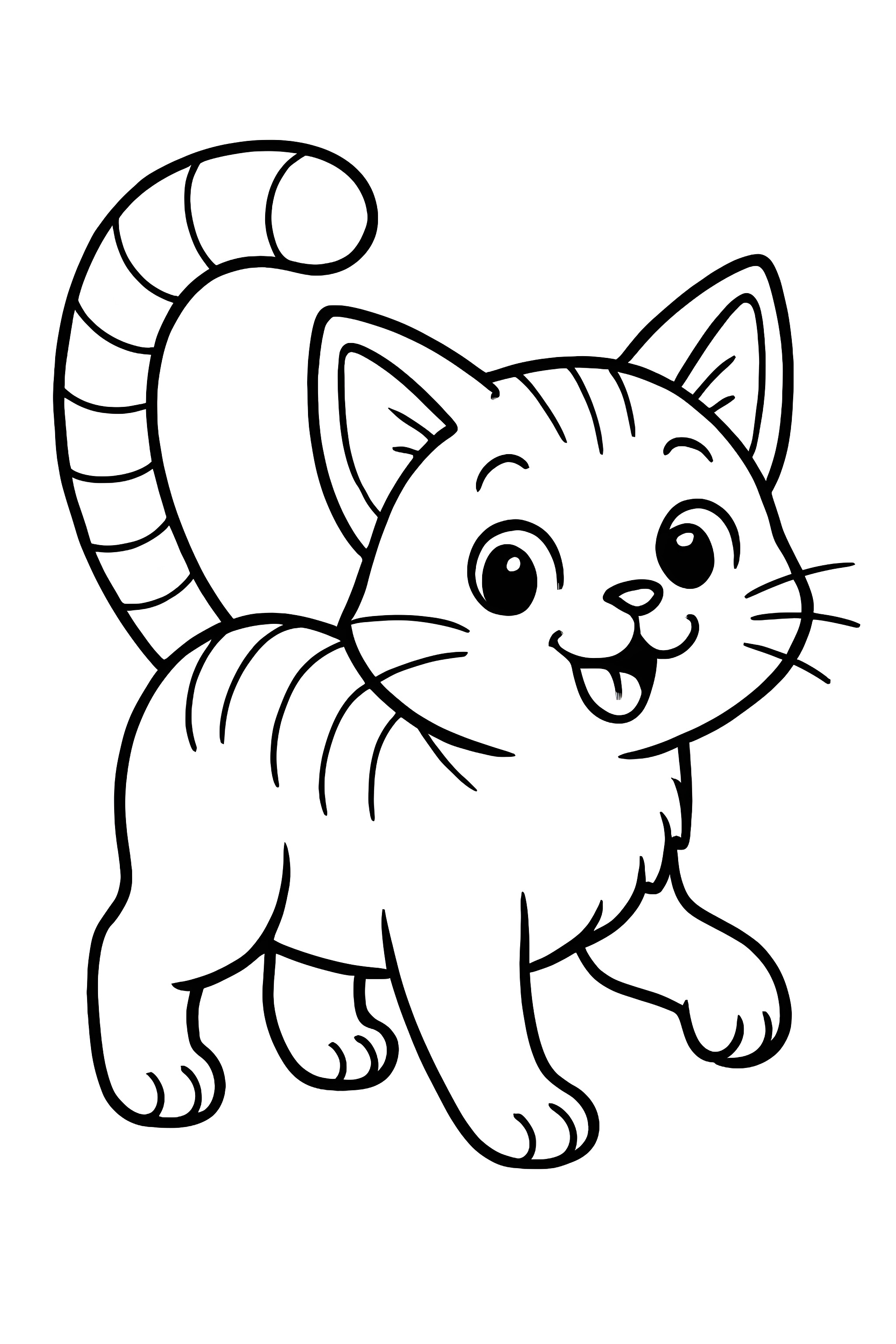 Coloring page featuring a playful cat with a striped tail resembling a candy cane, standing in a cheerful pose