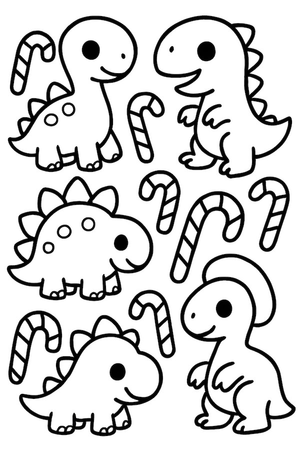 Coloring page featuring small dinosaurs alongside candy canes in a playful arrangement.