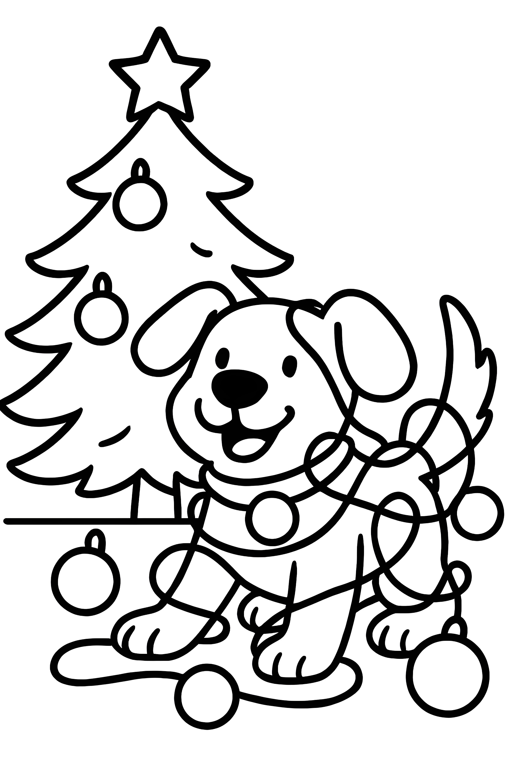 Coloring page of a happy dog tangled in Christmas ornament strings under a decorated tree