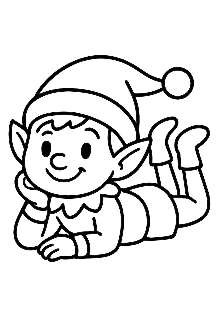 Coloring page of a playful elf lying on their stomach with feet in the air, wearing a pointed hat and smiling