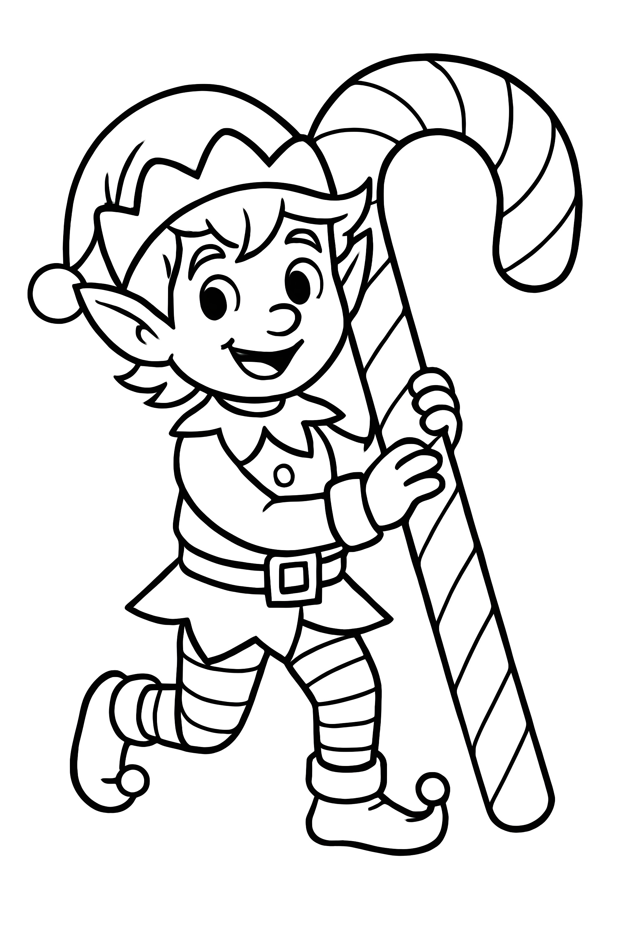 Coloring page of a cheerful elf wearing a hat and striped socks, holding a large candy cane