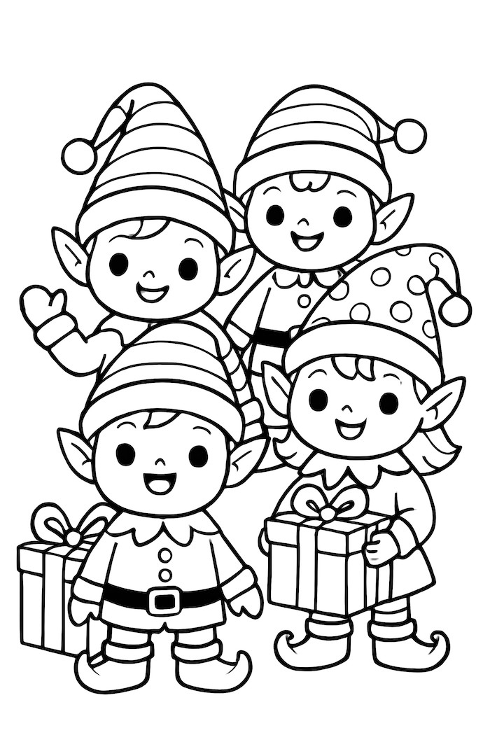 A group of cute kawaii Christmas elves, each wearing festive hats and holding gifts