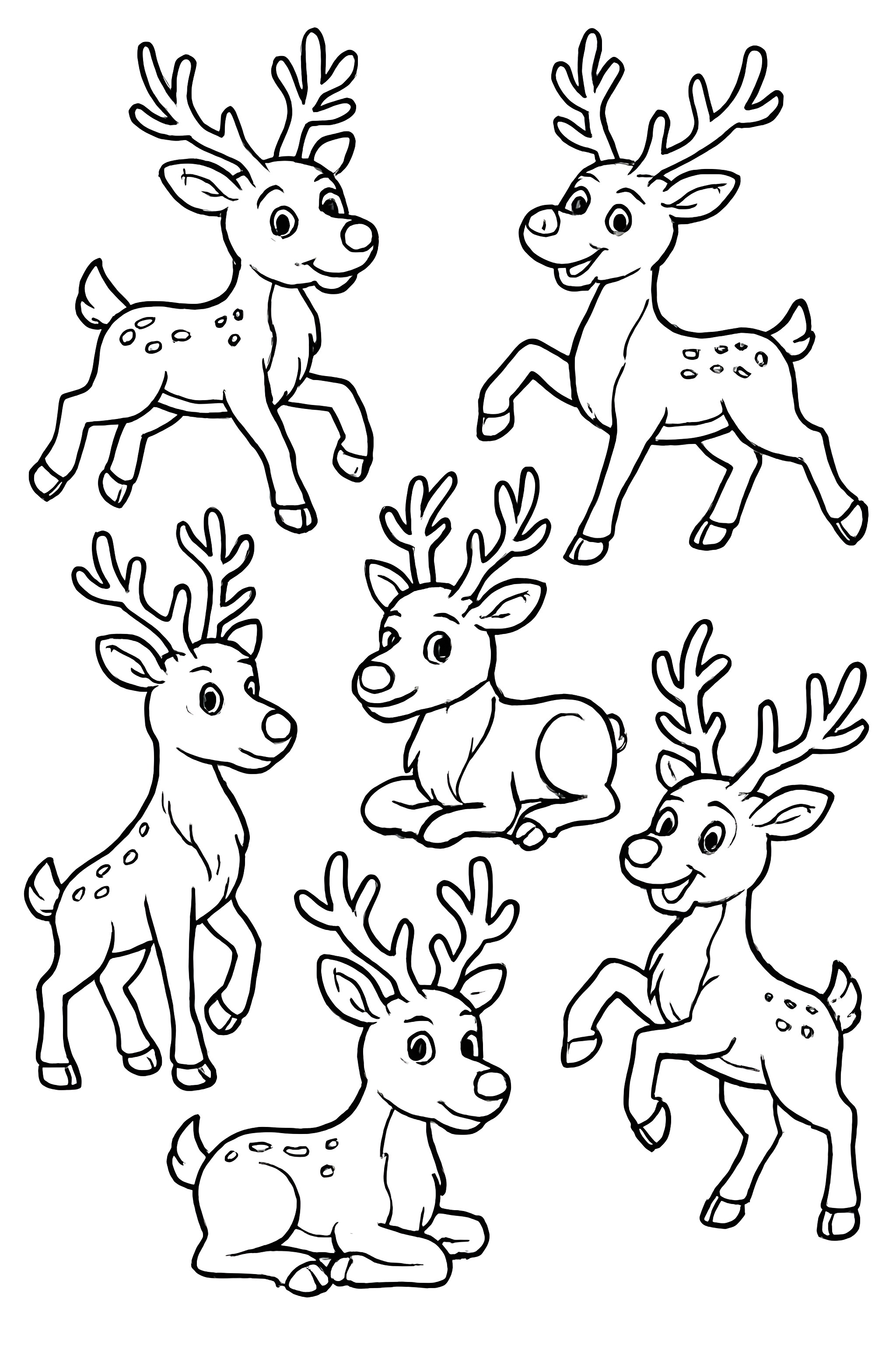 Coloring page featuring a variety of reindeer in multiple poses, showcasing their distinct antler shapes and playful expressions.