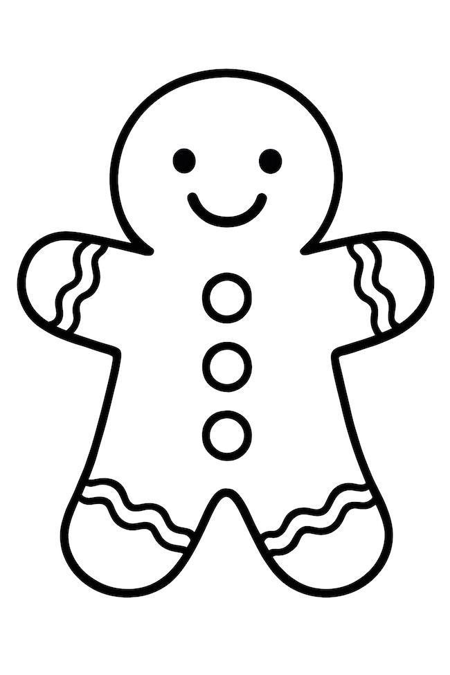 Coloring page of a plump gingerbread man with icing decorations and a smiling face