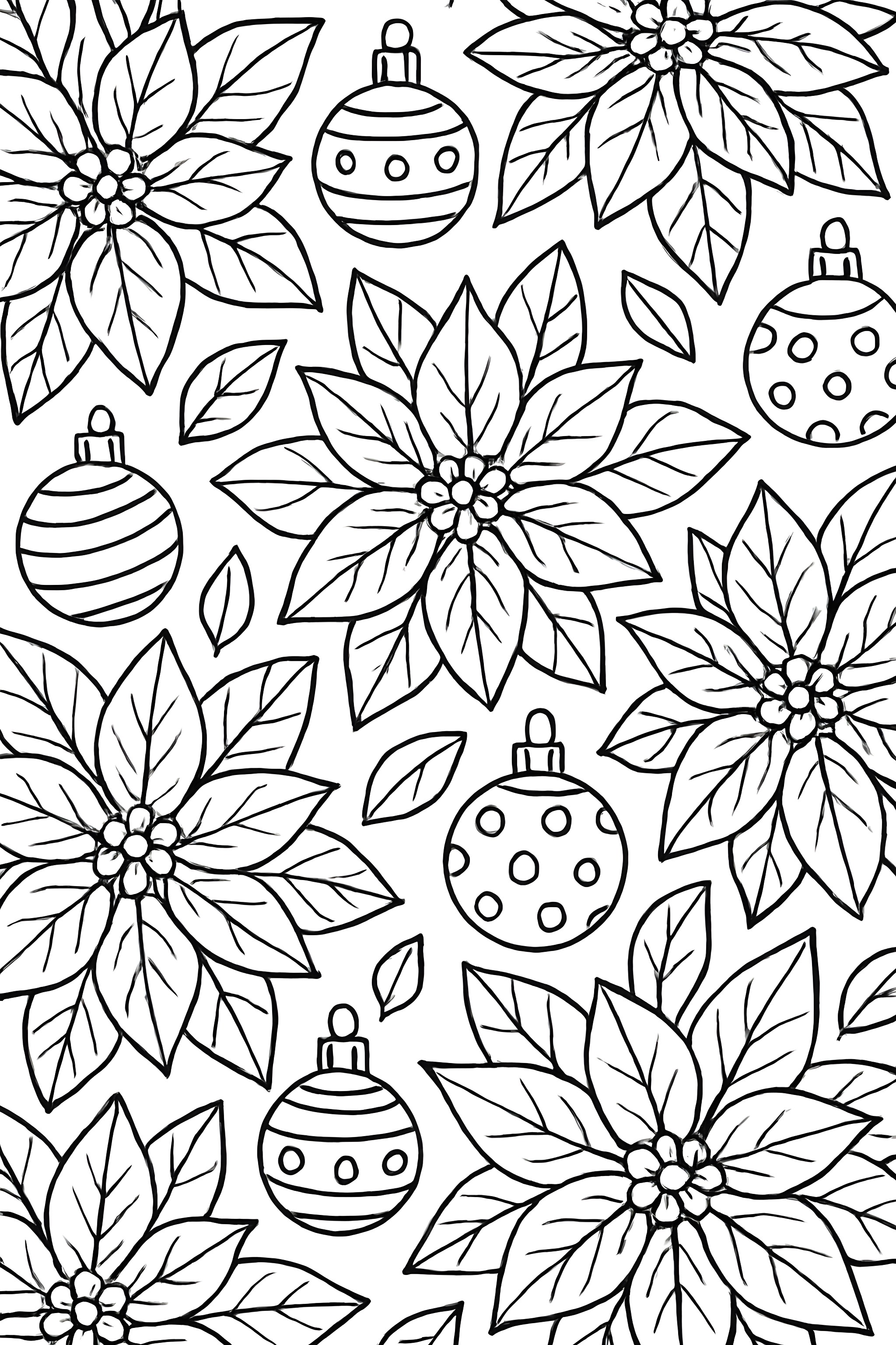 Coloring page featuring a repeating pattern of poinsettia flowers and decorative ornaments with dot patterns