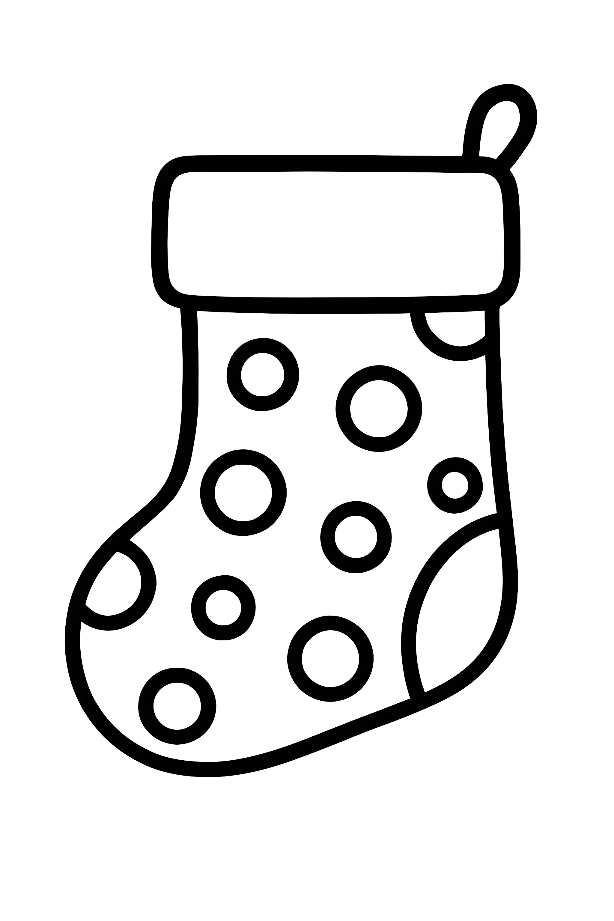 Coloring page featuring a Christmas stocking adorned with various polka dot patterns and a simple loop for hanging