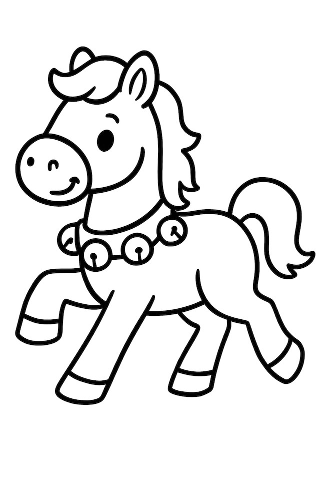 Coloring page of a prancing horse wearing a harness adorned with jingle bells