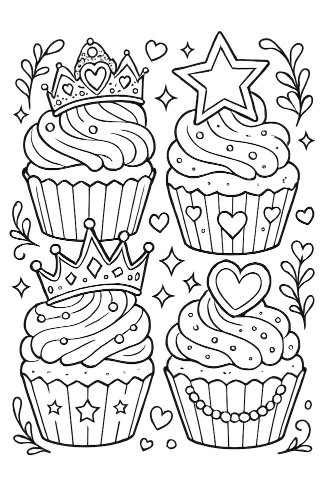 Coloring page featuring four princess-themed cupcakes with crowns, a star, and hearts, surrounded by decorative elements