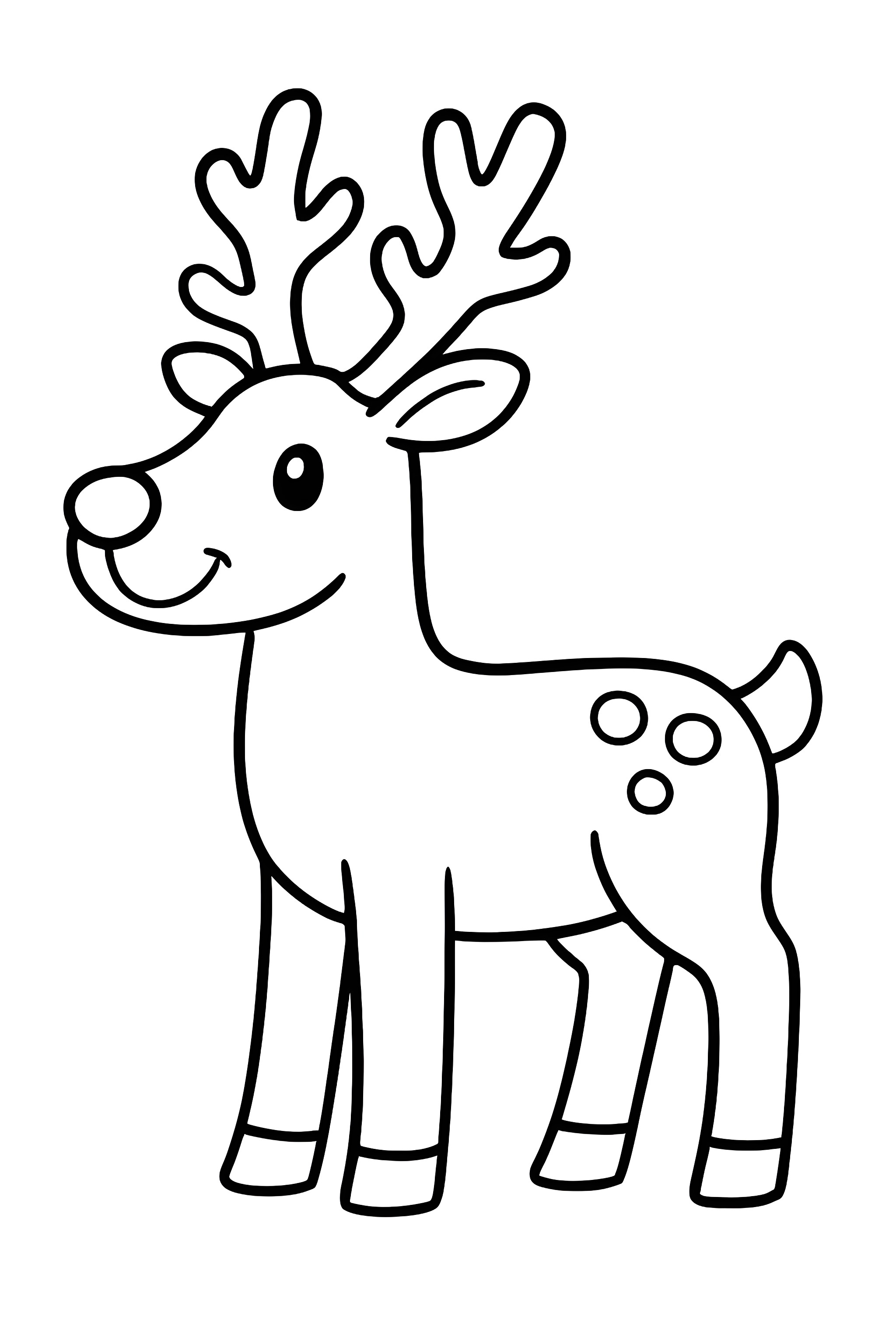Coloring page featuring a profile view of a reindeer with antlers, a cheerful expression, and distinct spots on its body