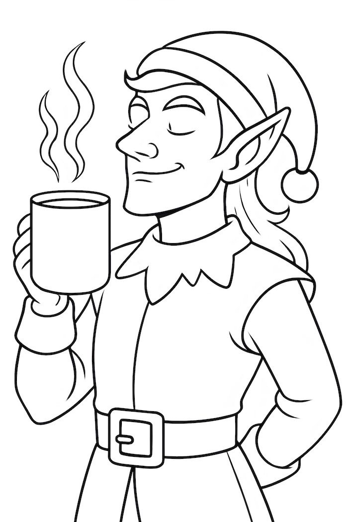 Coloring page of a proud elf sipping from a steaming mug while wearing a festive outfit and a pointed hat