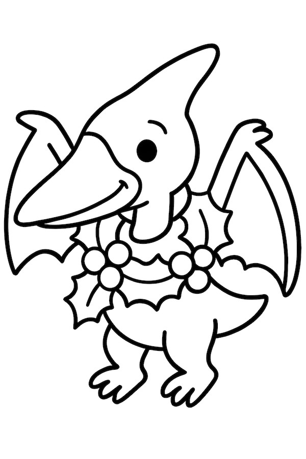 Coloring page of a cheerful Pteranodon wearing a holly wreath around its neck with decorative berries.