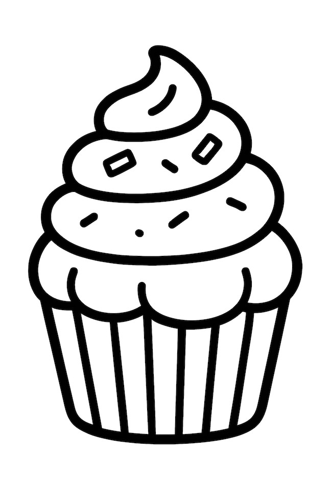 Coloring page of a pumpkin spice cupcake topped with whipped cream and sprinkles