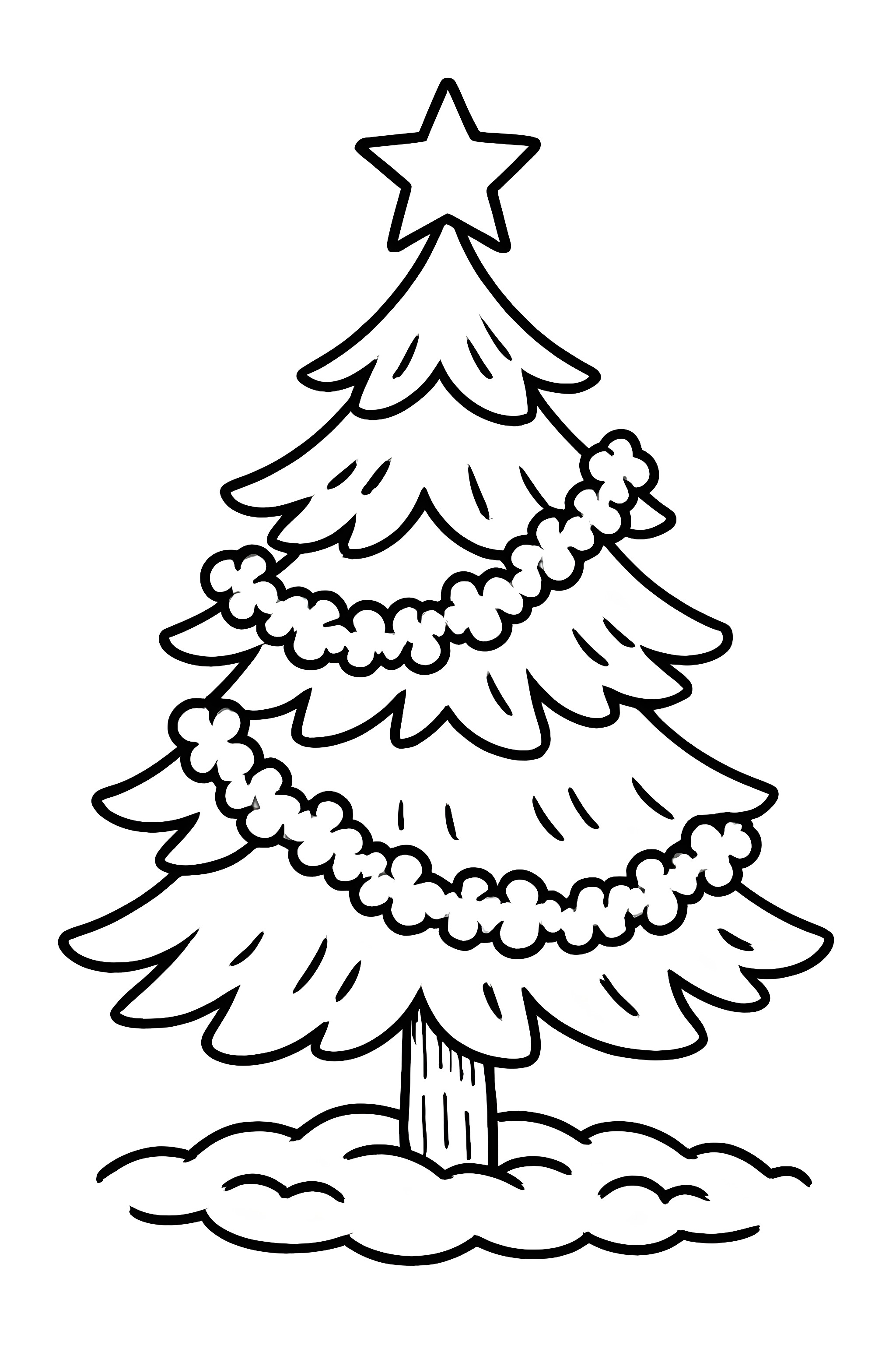 A small Christmas tree adorned with popcorn string garland and a star on top, set against a snowy base