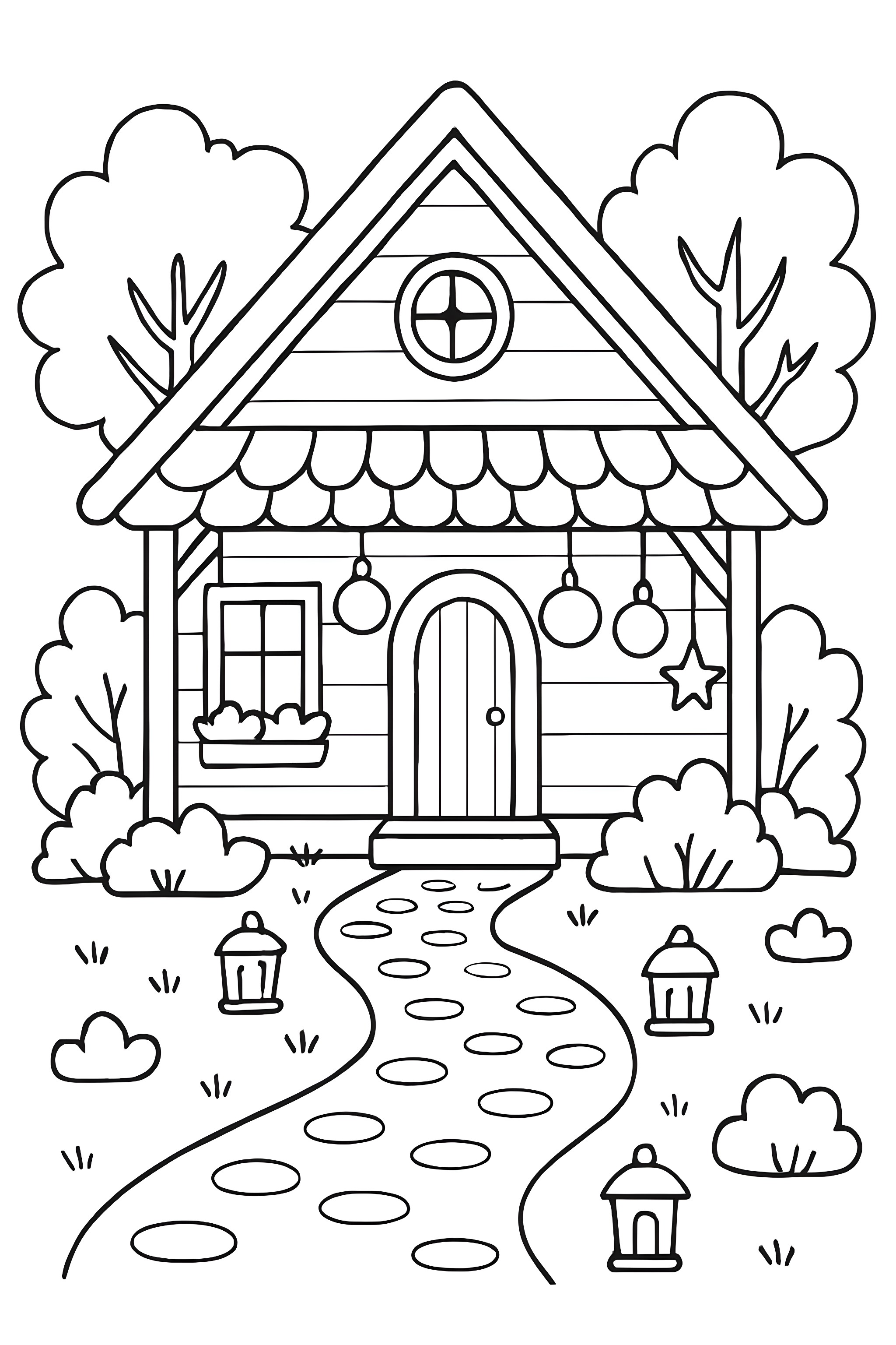 Coloring page of a quaint cottage with hanging ornaments, a round window, and a stone path illuminated by lanterns.