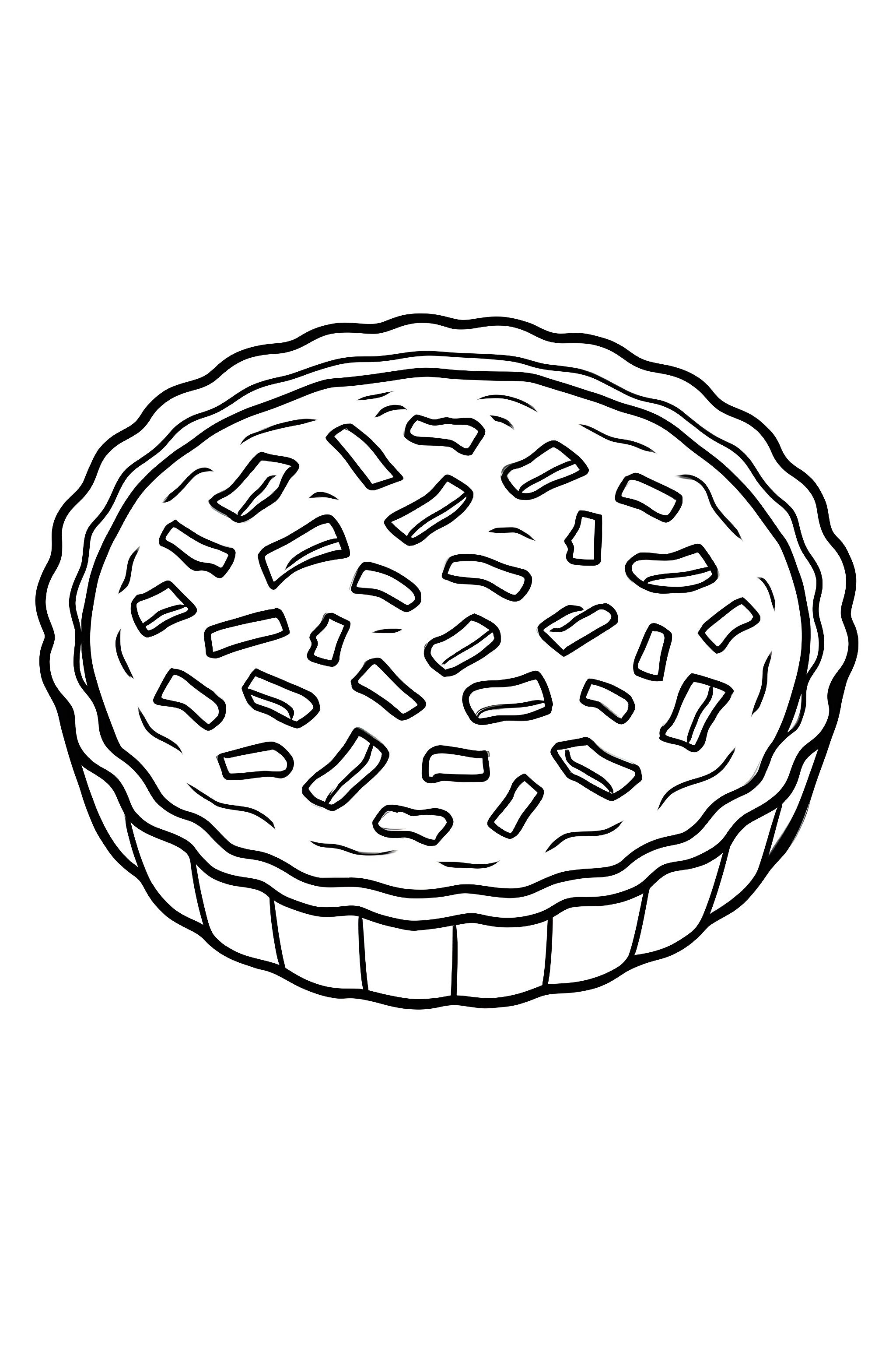 Coloring page depicting a quiche Lorraine filled with visible bacon bits in a scalloped crust