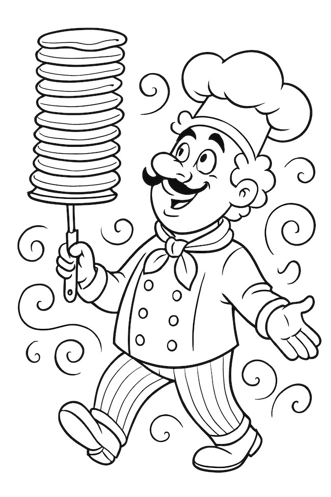 Coloring page of a quirky chef joyfully balancing a tall stack of pancakes on a spatula with swirls in the background